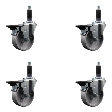 Service Caster 4'' Semi Steel Swivel 1-1/8'' Expanding Stem Caster Set with Brake, 4PK SCC-EX20S414-SSS-PLB-118-4